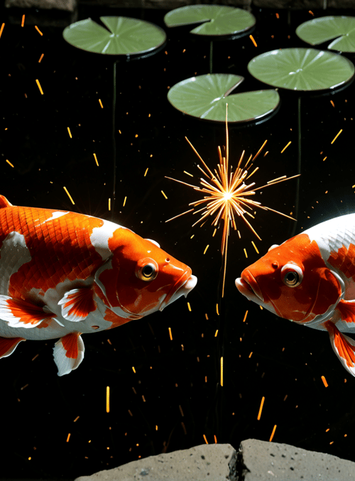 koi fish, lotus leaves, sparkles, pond, water