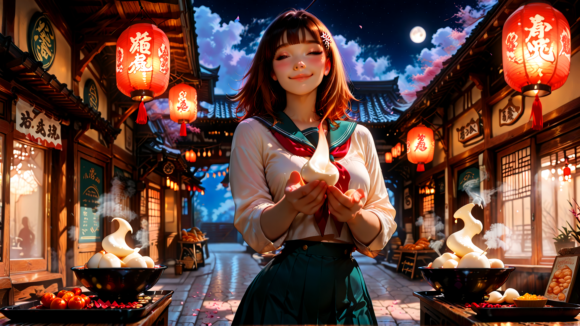 AI generated wallpaper featuring girl, lantern, street, food, moon, building, lantern, sailor, bowl, sweet