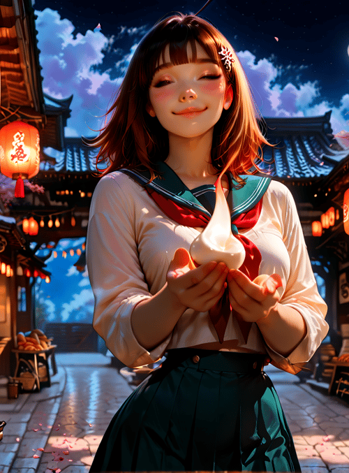 girl, lantern, street, food, moon, building, lantern, sailor, bowl, sweet