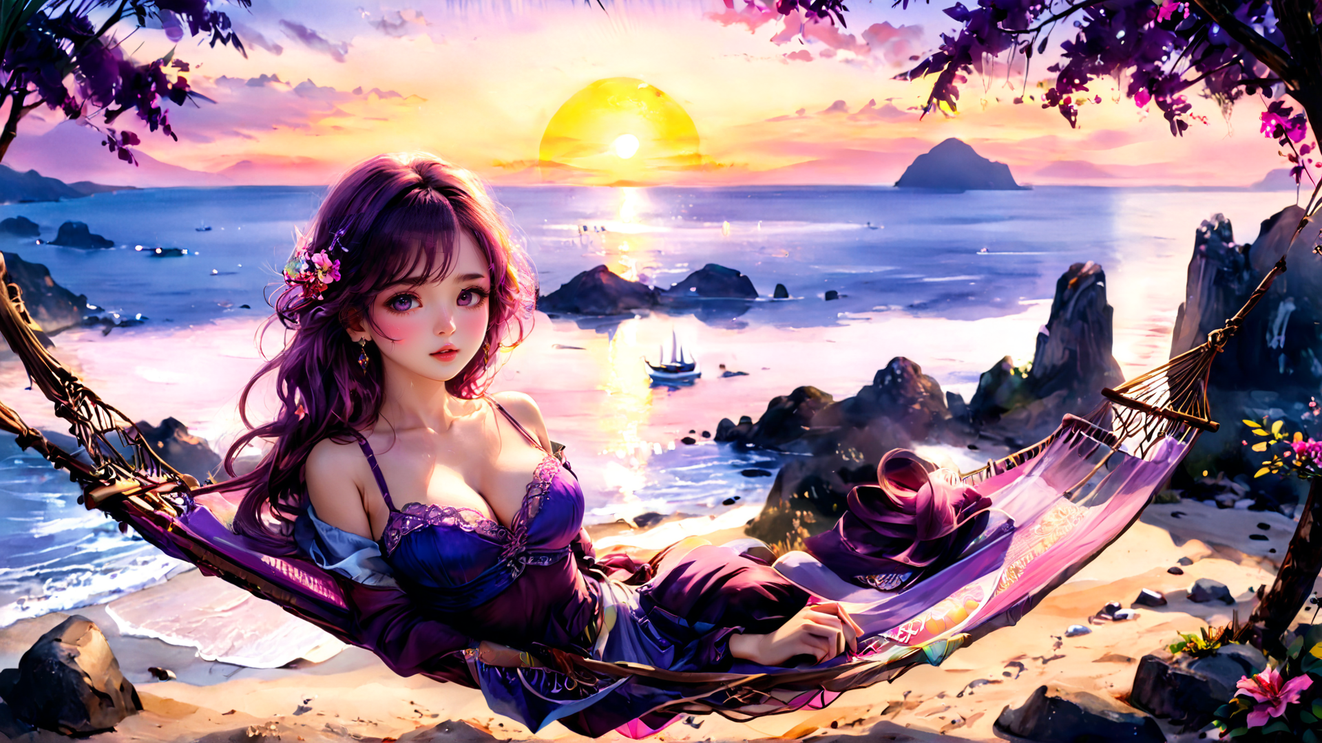 AI generated wallpaper featuring woman, hammock, ocean
