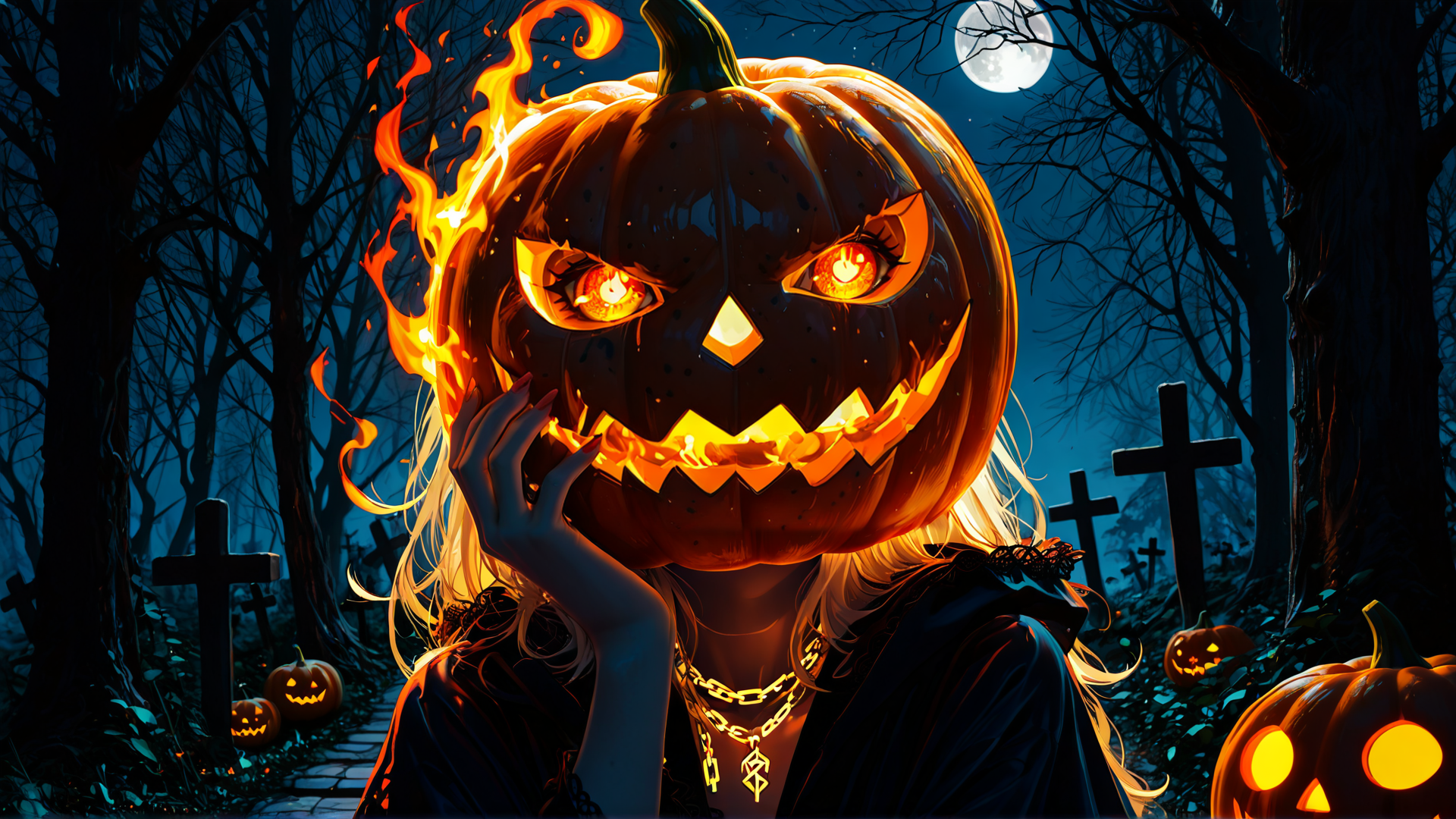 AI generated wallpaper featuring pumpkin, woman, graveyard, moon, cross, jack-o'-lantern, trees, cemetery