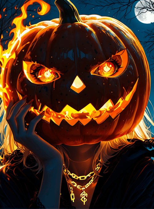pumpkin, woman, graveyard, moon, cross, jack-o'-lantern, trees, cemetery