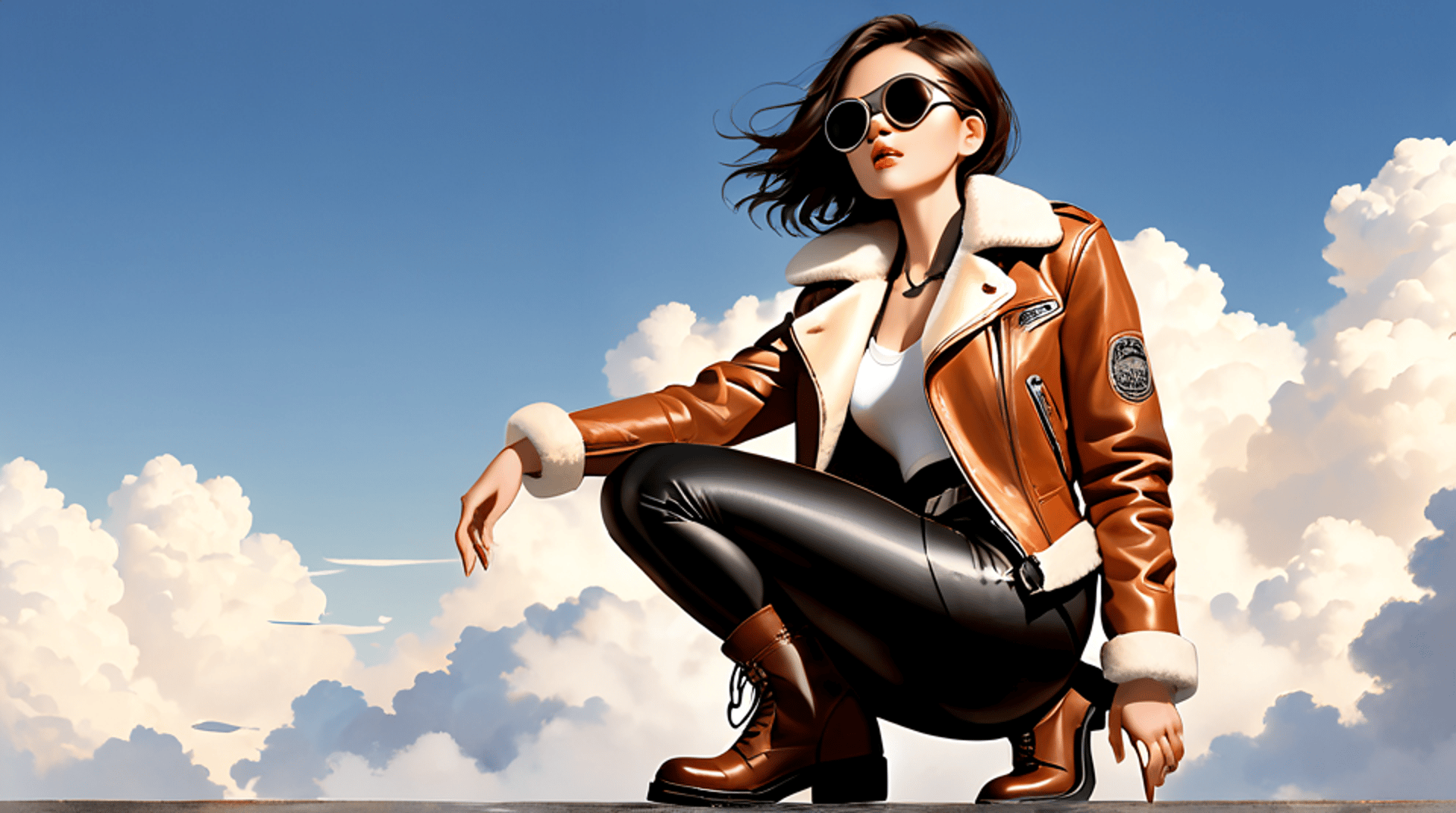 AI generated wallpaper featuring woman, leather jacket, sunglasses, boot, cloud, sky