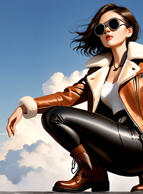 woman, leather jacket, sunglasses, boot, cloud, sky