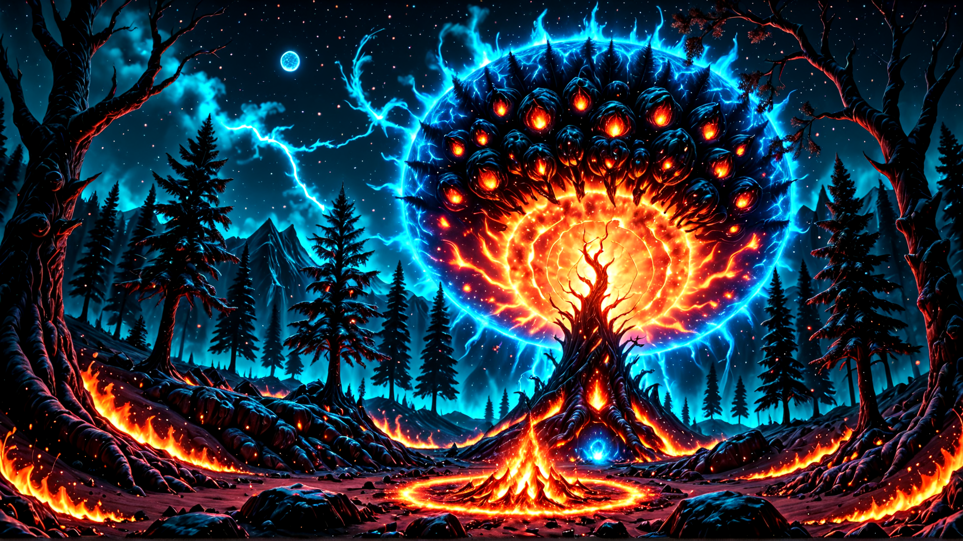 AI generated wallpaper featuring tree, forest, fire, lightning, moon, mountain, sphere, glowing, circle, lava