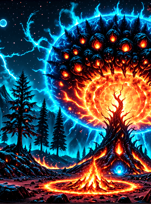 tree, forest, fire, lightning, moon, mountain, sphere, glowing, circle, lava