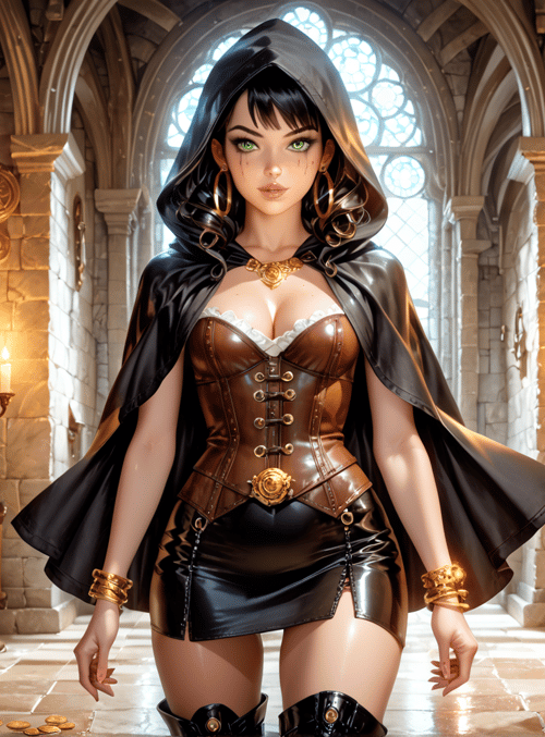 woman, hood, corset, cape, lanterns, candles, coins