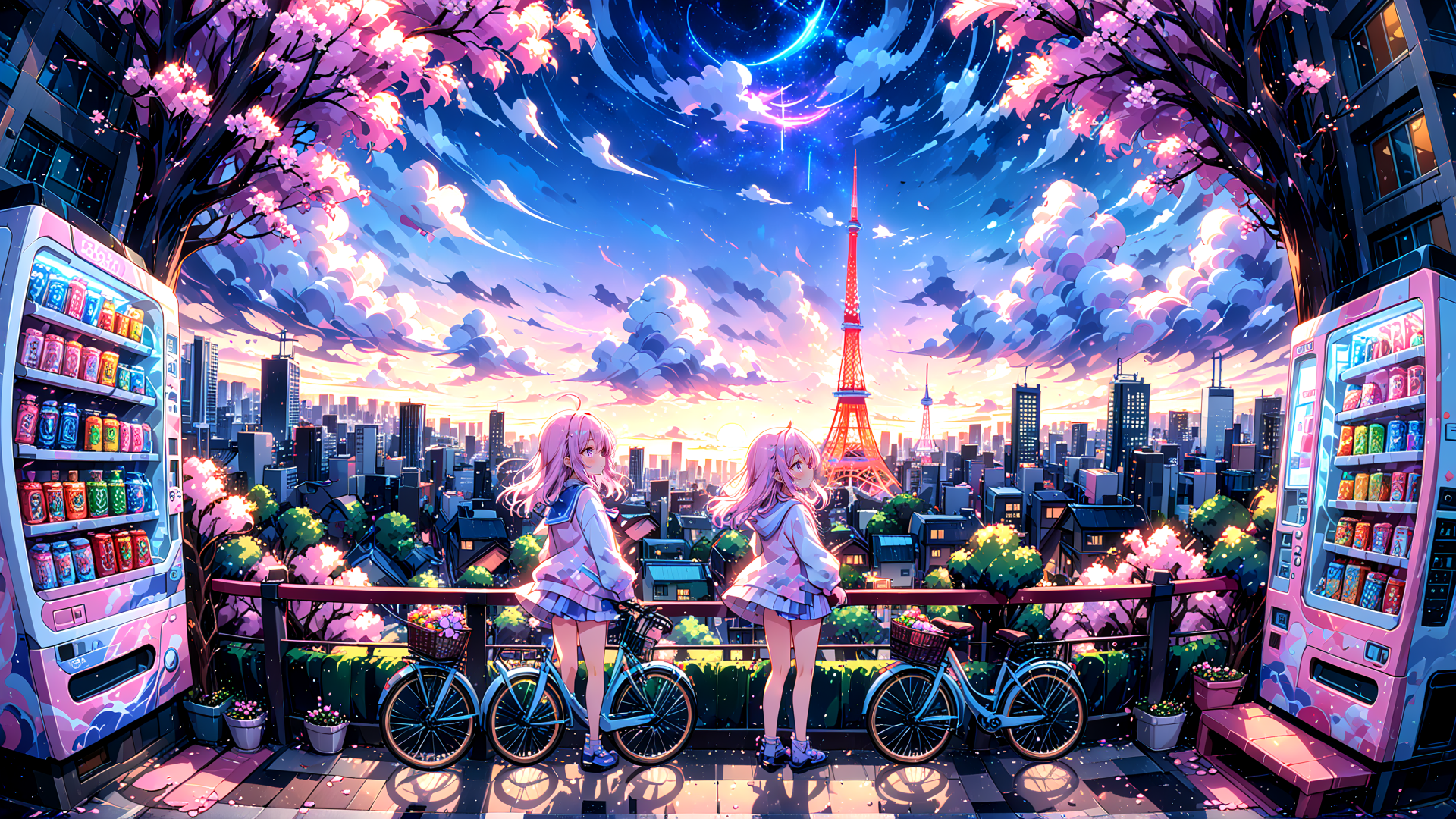 AI generated wallpaper featuring girls, bicycles, sakura