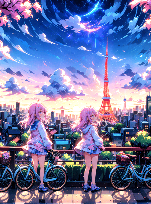 girls, bicycles, sakura