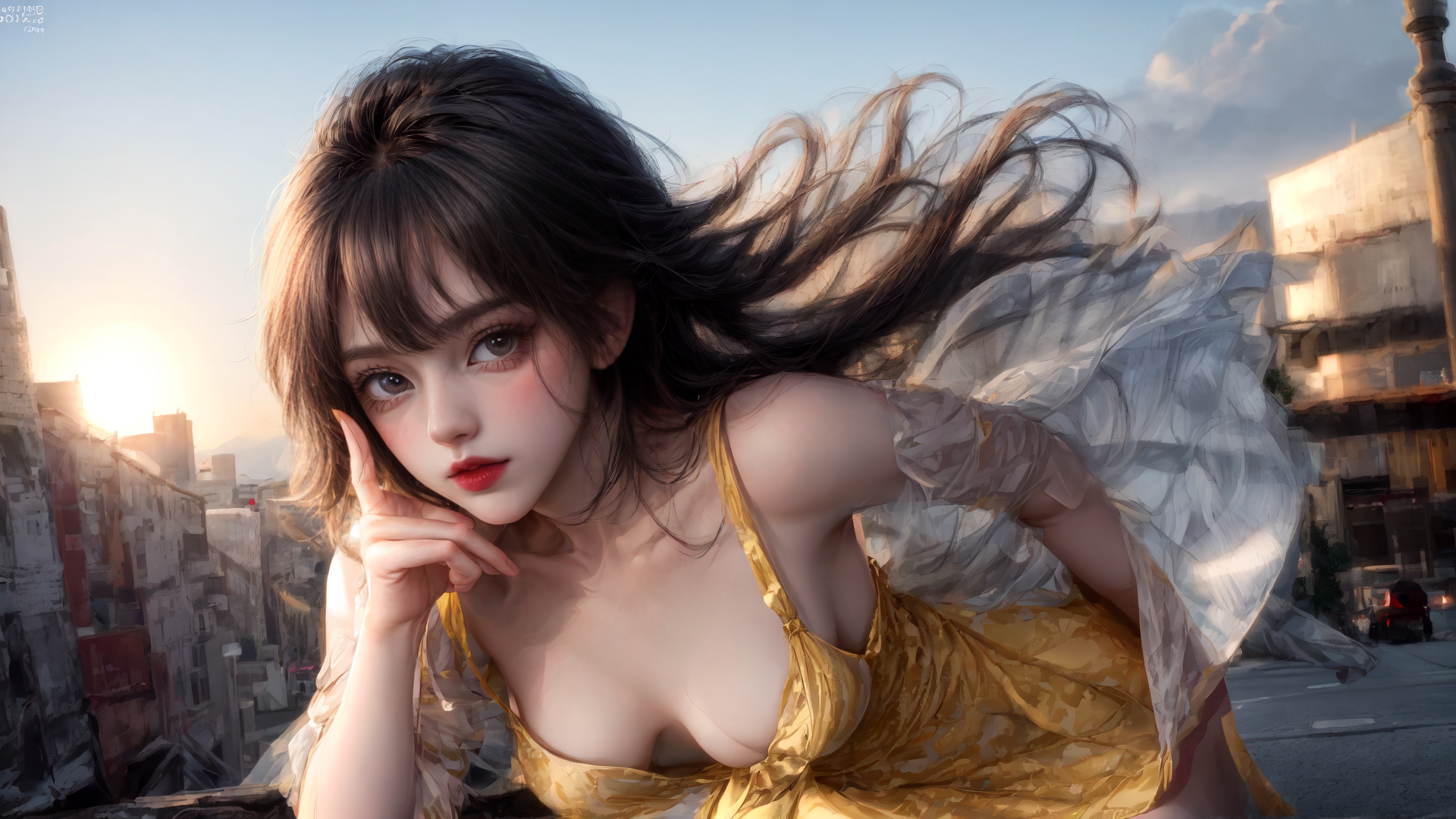 AI generated wallpaper featuring woman, dress, city