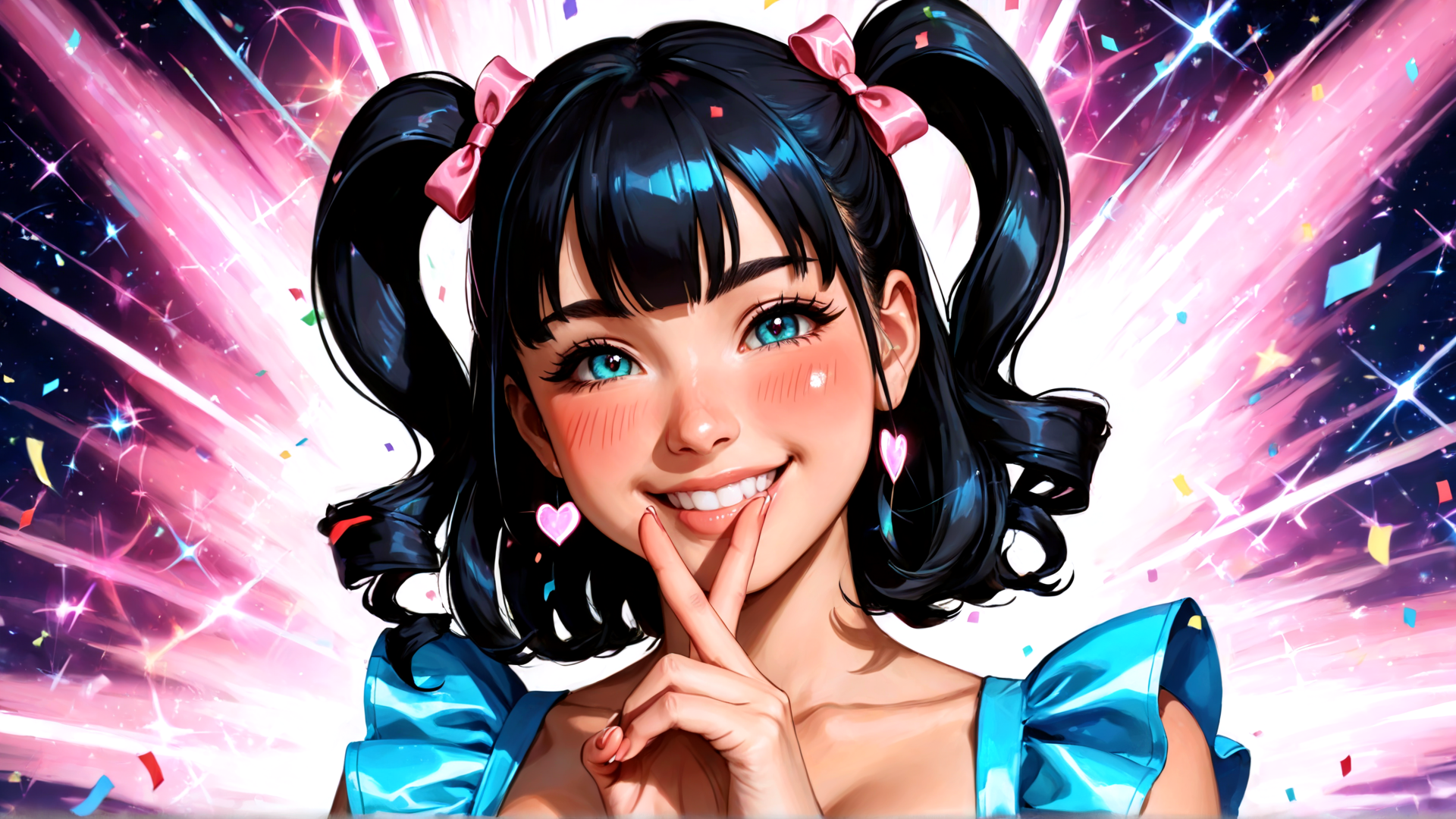 AI generated wallpaper featuring girl, pigtails, confetti, hearts, bow, ears, cheeks