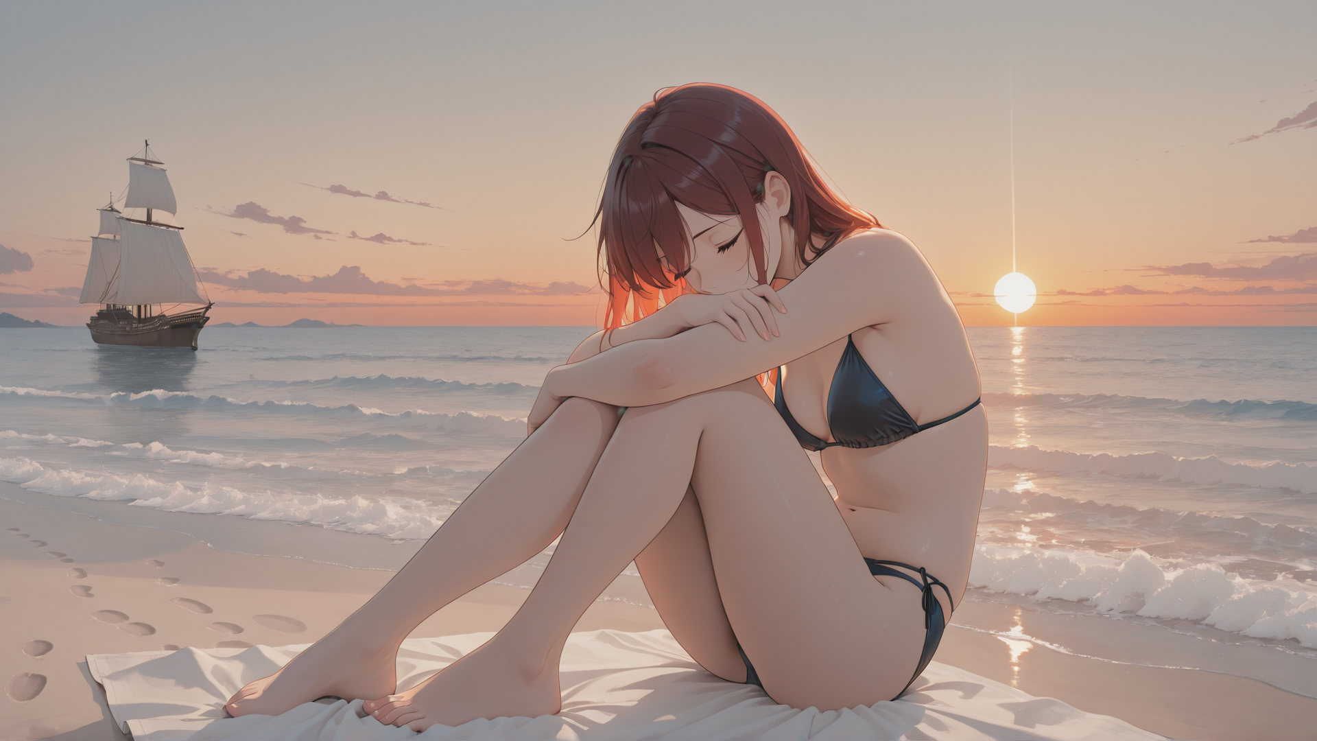 AI generated wallpaper featuring girl, beach, sailboat, sun, waves