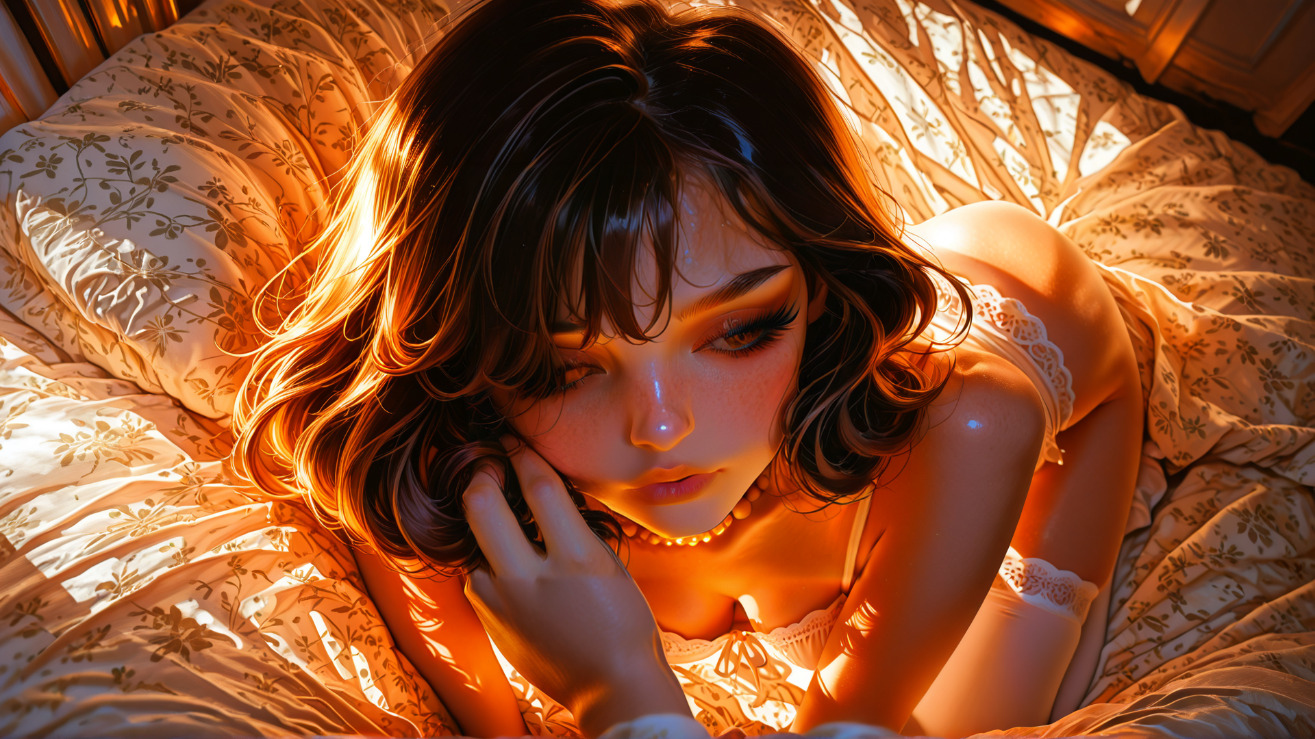 AI generated wallpaper featuring woman, bed, sunlight, hair, loungewear, pillow, lotion, necklace, room