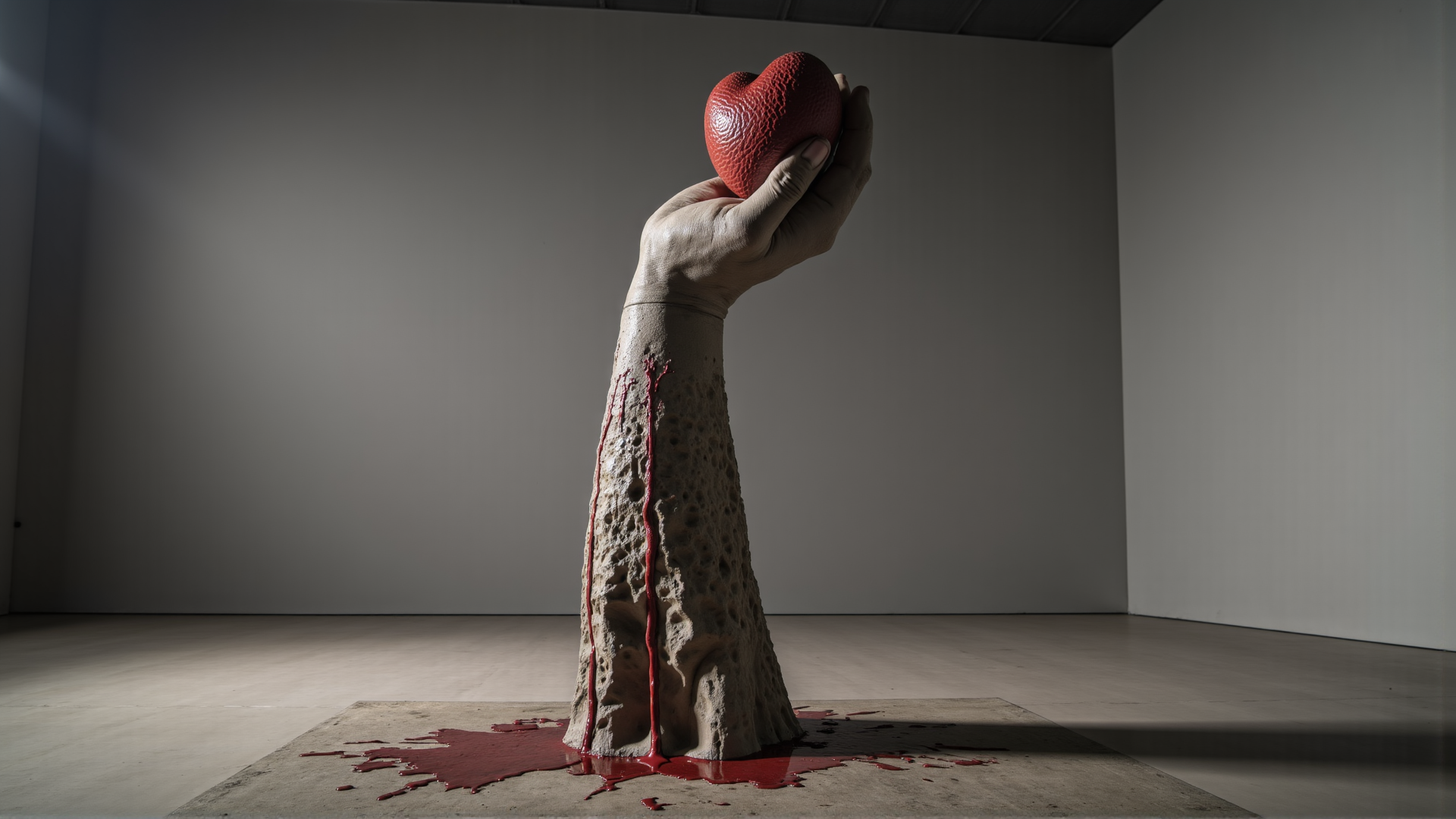 AI generated wallpaper featuring hand, heart, arm, blood, sculpture