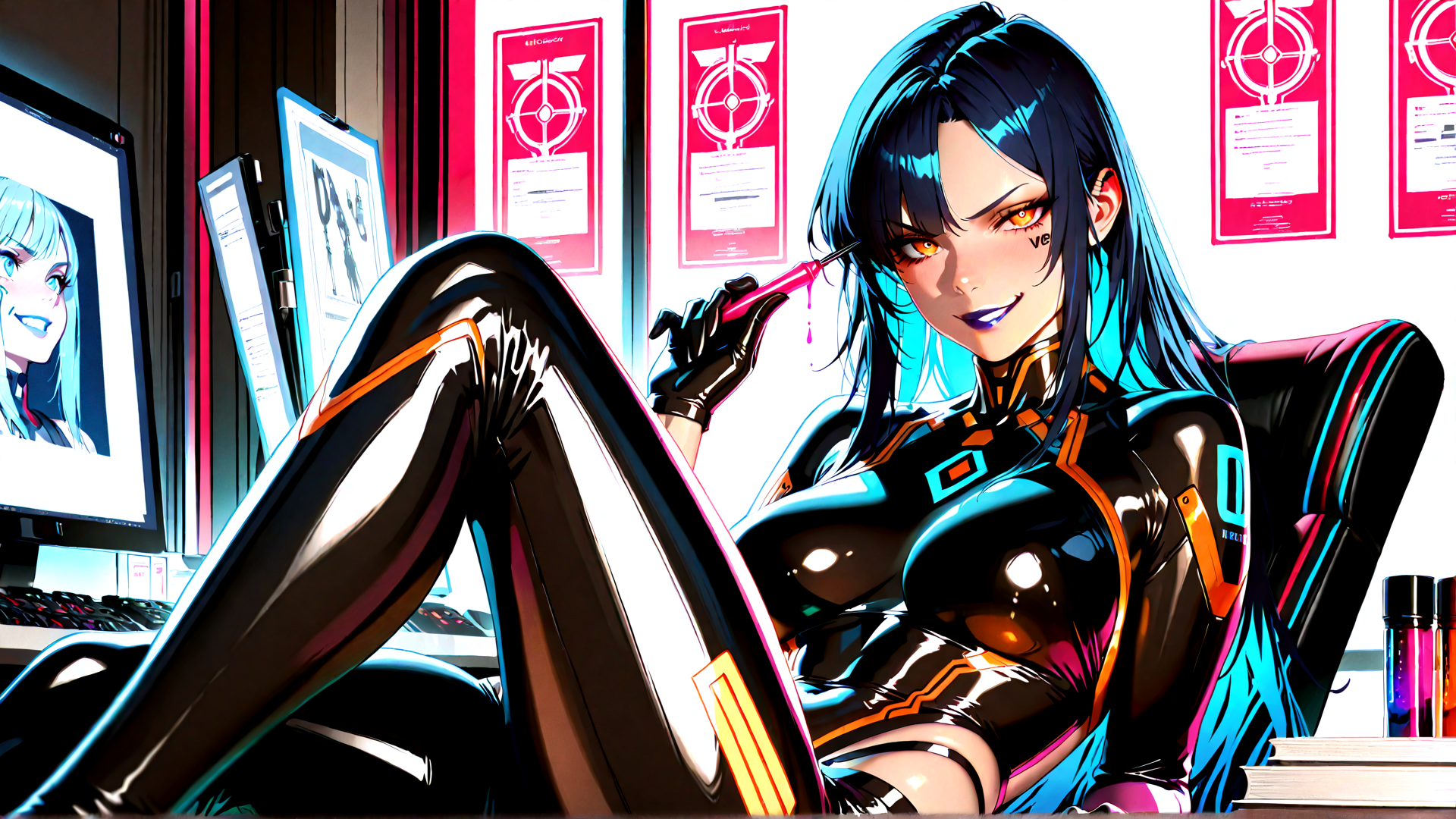 AI generated wallpaper featuring cyberpunk, woman, gaming, computer, laptop, monitor, chair, gloves, screen, legs