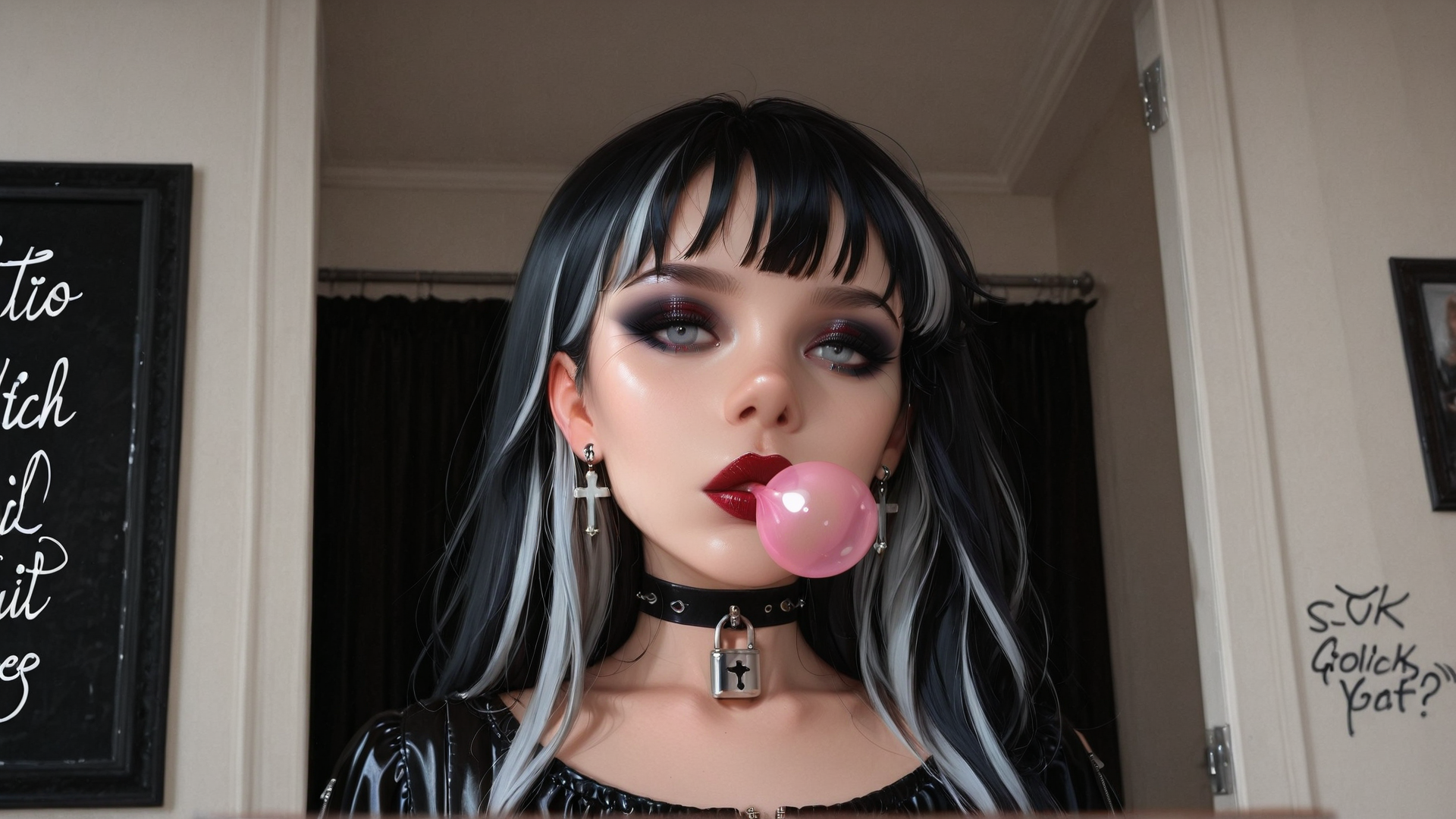 AI generated wallpaper featuring woman, bubble, choker, hair, earrings, shirt