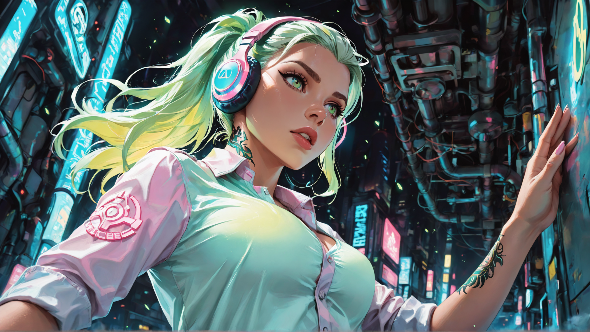 AI generated wallpaper featuring woman, headphones, tattoo, shirt, cyberpunk, cityscape, neon, piano, hair, hand