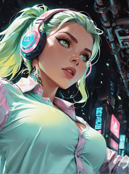 woman, headphones, tattoo, shirt, cyberpunk, cityscape, neon, piano, hair, hand