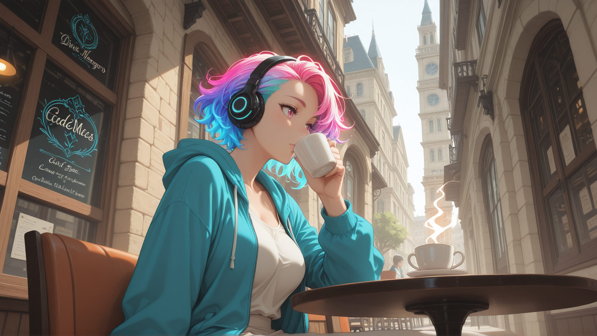 AI generated wallpaper featuring person, coffee, headphones, hoodie, coffee shop, city street