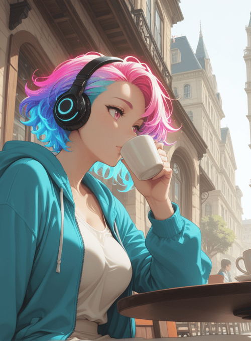 person, coffee, headphones, hoodie, coffee shop, city street