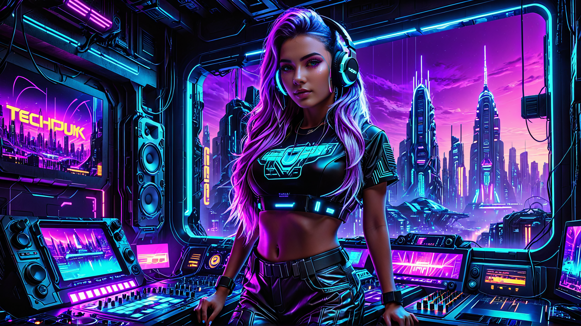 AI generated wallpaper featuring woman, dj, cyberpunk