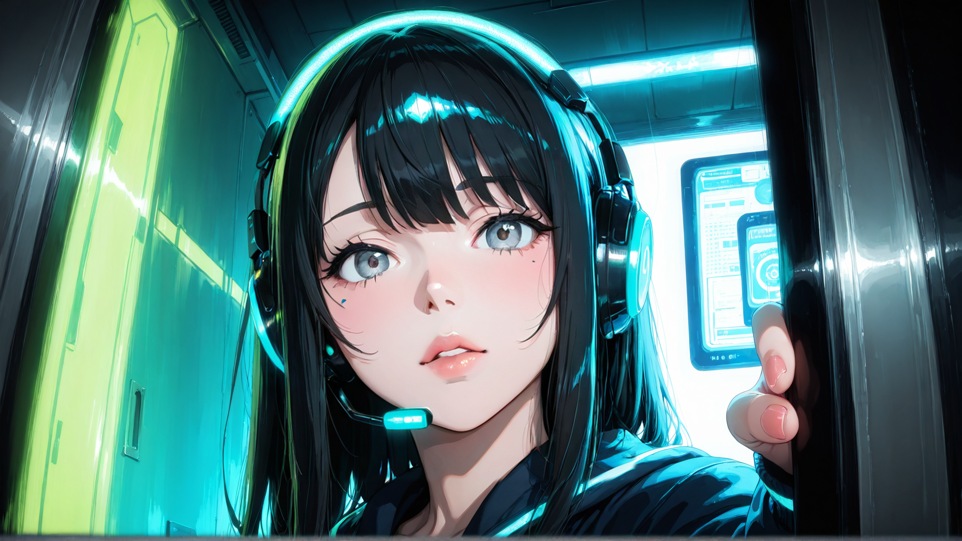 AI generated wallpaper featuring girl, headphones, screen, hand, door, neon, cyberpunk, gaming, avatar, terminal