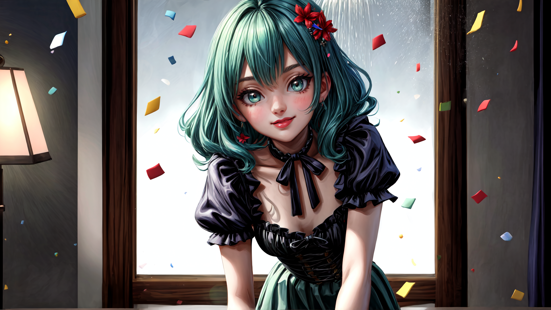 AI generated wallpaper featuring girl, confetti, window, lamp, flower, dress