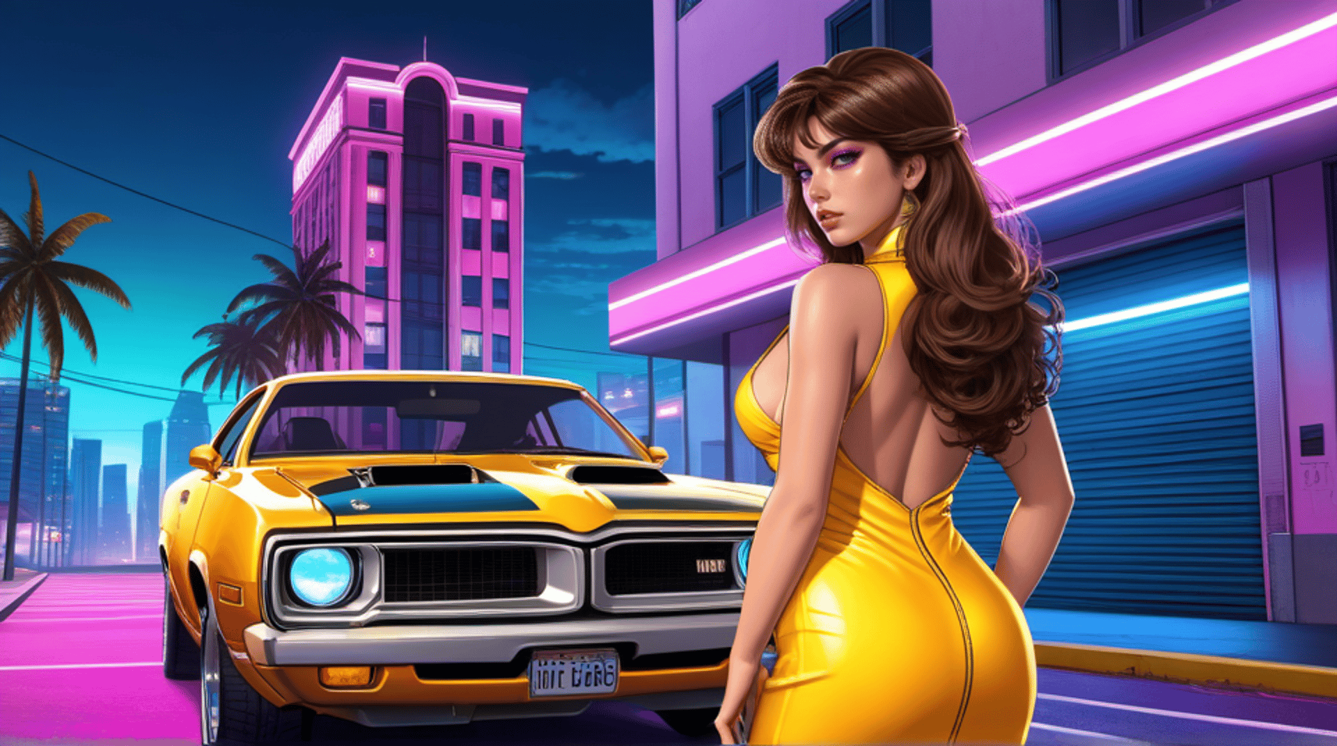 AI generated wallpaper featuring woman, car, city