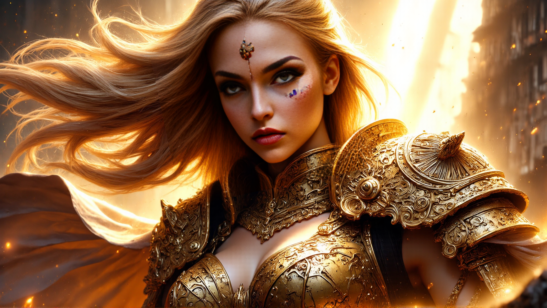 AI generated wallpaper featuring warrior, woman, armor