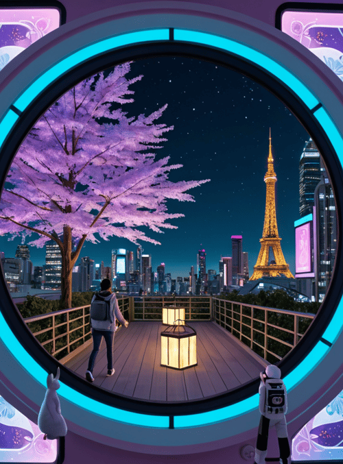 eiffel tower, cherry blossom tree, cityscape