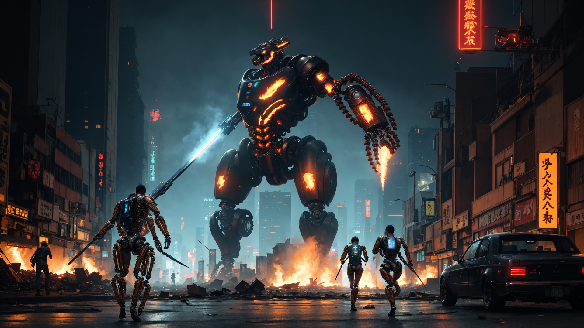 AI generated wallpaper featuring robot, mecha, soldier, city, fire, street, sign, car, destroyed, building