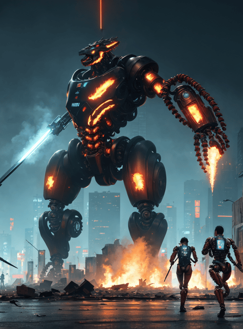robot, mecha, soldier, city, fire, street, sign, car, destroyed, building
