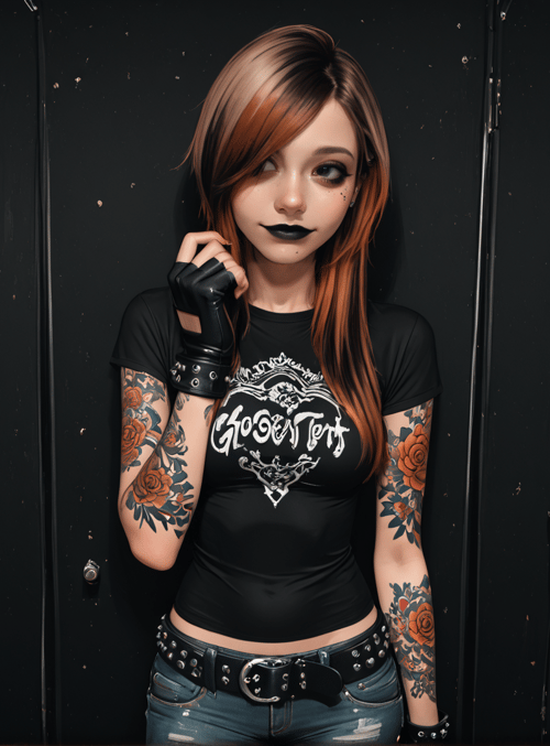 girl, tattoo, gloves, jeans, t-shirt, mirror, frame