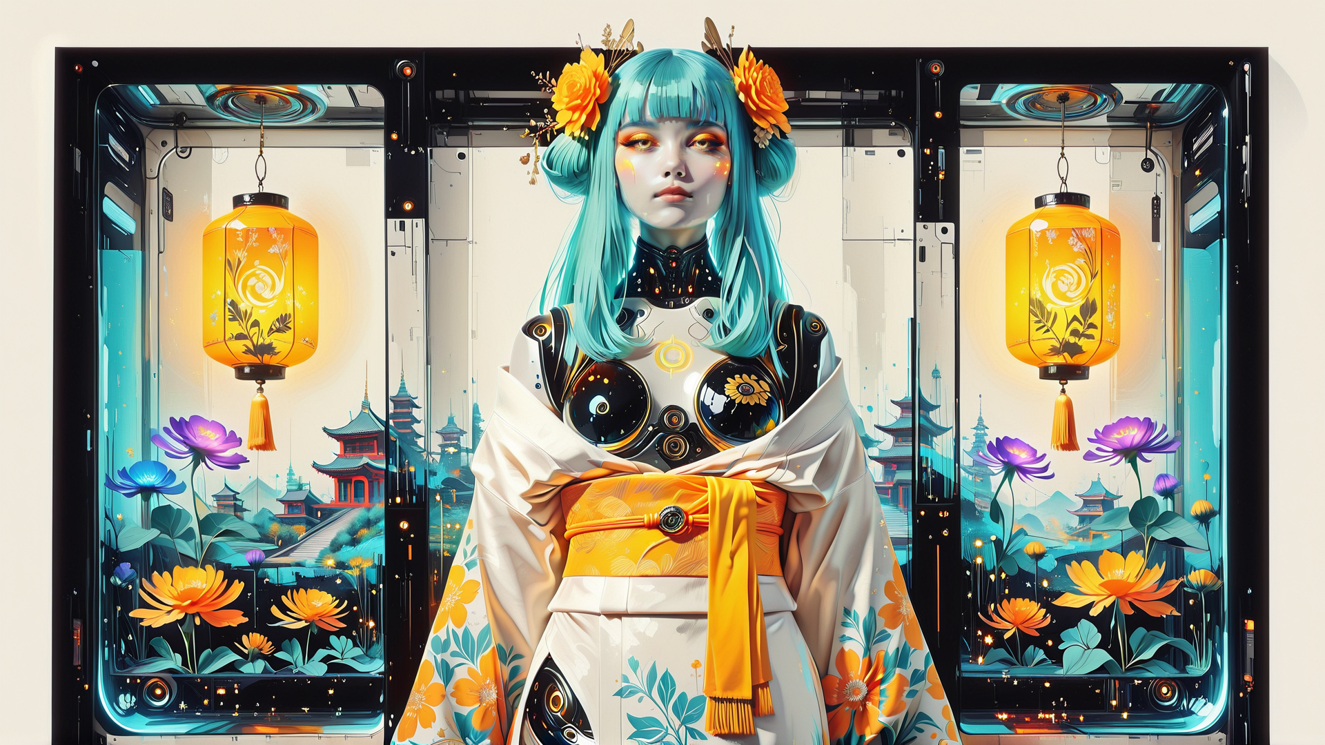 AI generated wallpaper featuring robot, girl, lantern, flower, koi, pagoda, silk, kimono, glasses, cherry