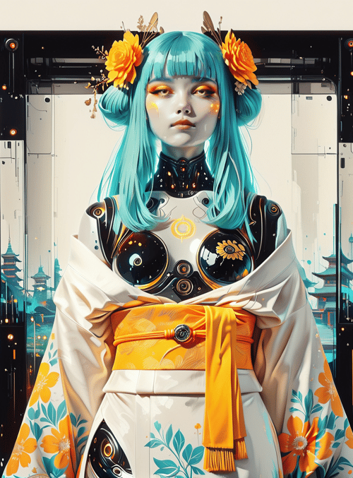 robot, girl, lantern, flower, koi, pagoda, silk, kimono, glasses, cherry