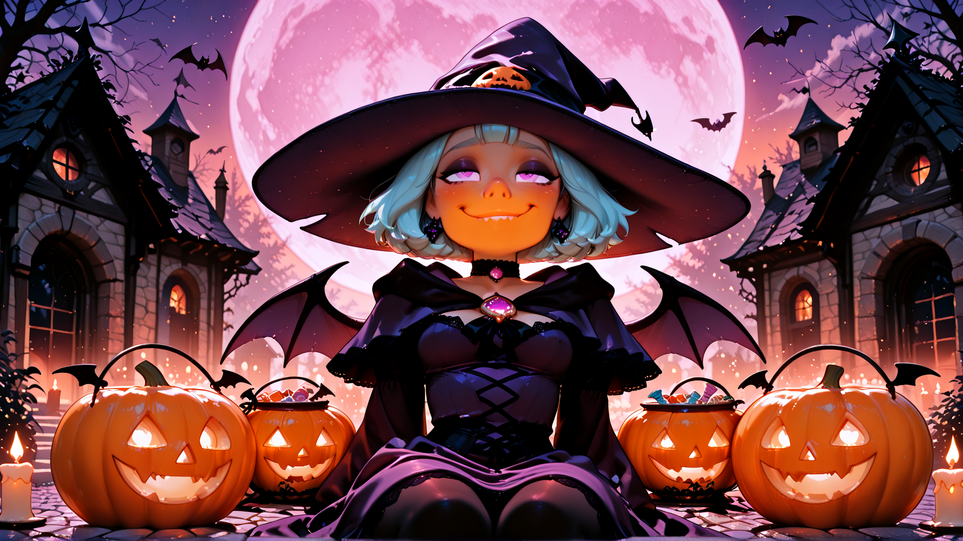 AI generated wallpaper featuring witch, pumpkin, bat, candle, castle, moon, candy, hat, choker, dress