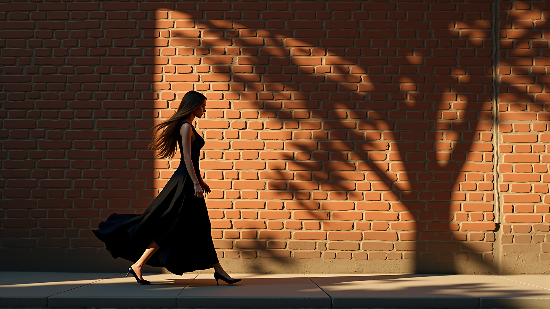 AI generated wallpaper featuring woman, dress, brick wall, high heels, sunlight