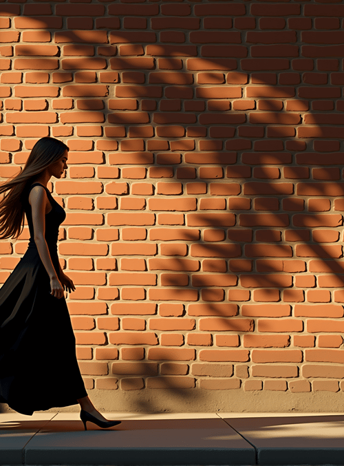 woman, dress, brick wall, high heels, sunlight