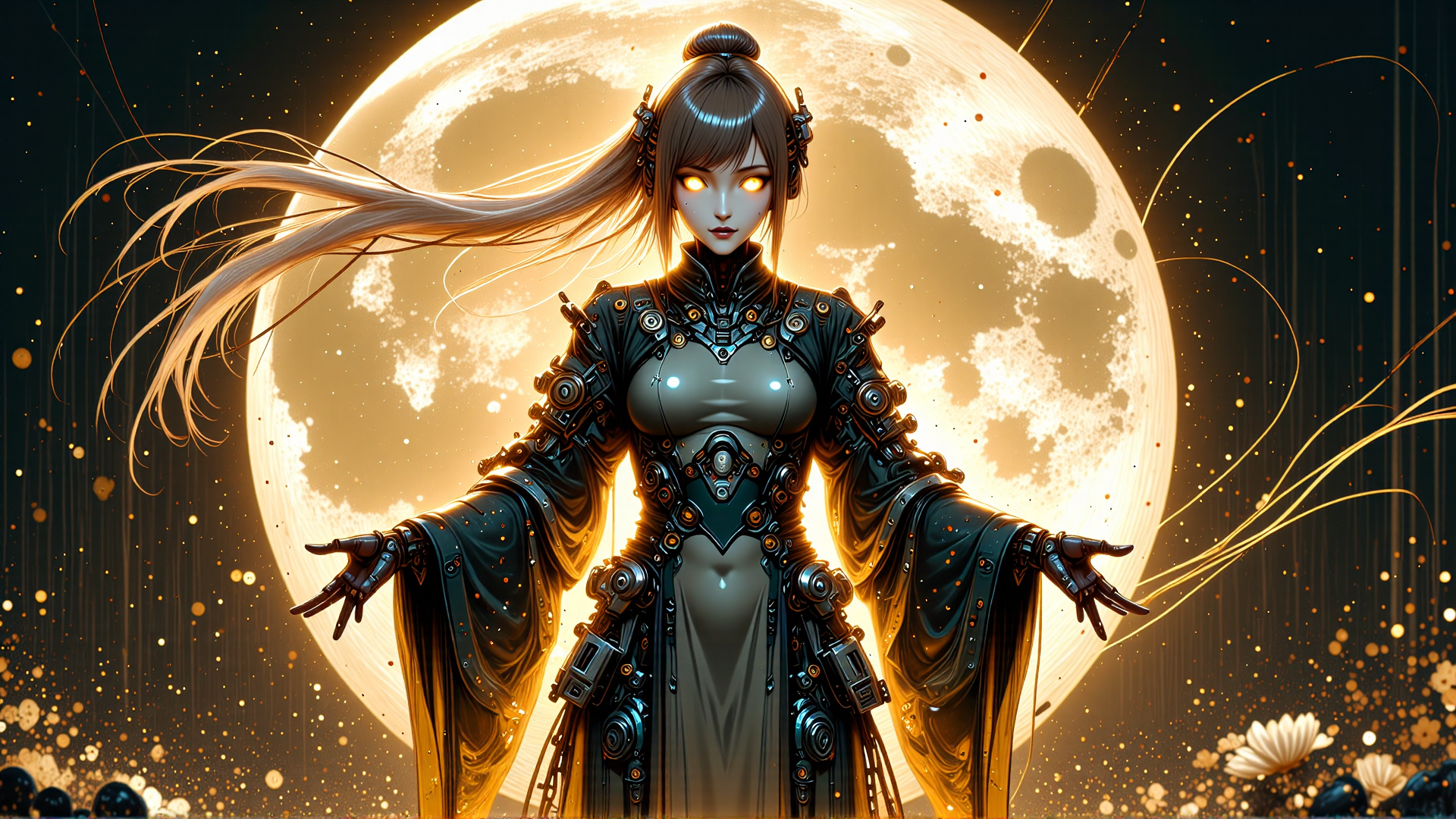 AI generated wallpaper featuring woman, mechanical armor, moon, long hair, gloved hands