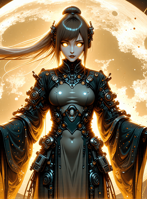 woman, mechanical armor, moon, long hair, gloved hands