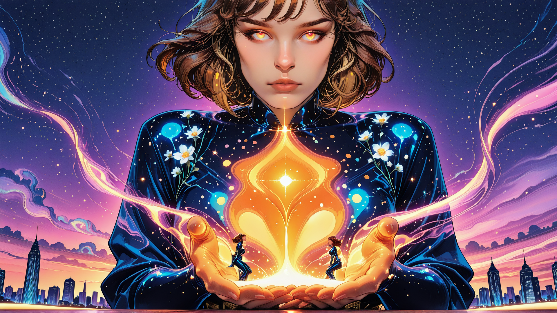 AI generated wallpaper featuring woman, hands, cityscape, flowers, stars, light, people