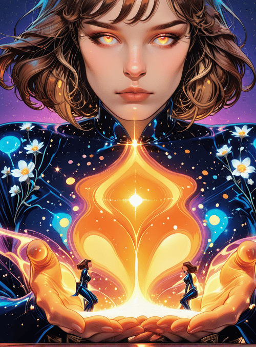 woman, hands, cityscape, flowers, stars, light, people