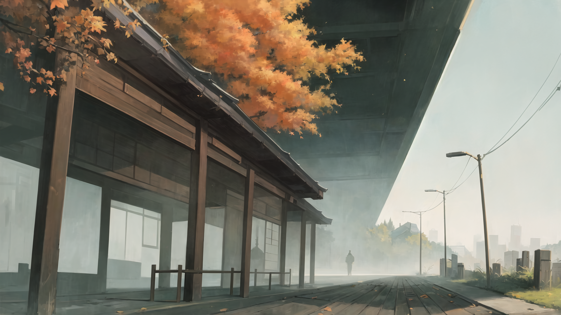 AI generated wallpaper featuring train station, tree, person, street lamp, city