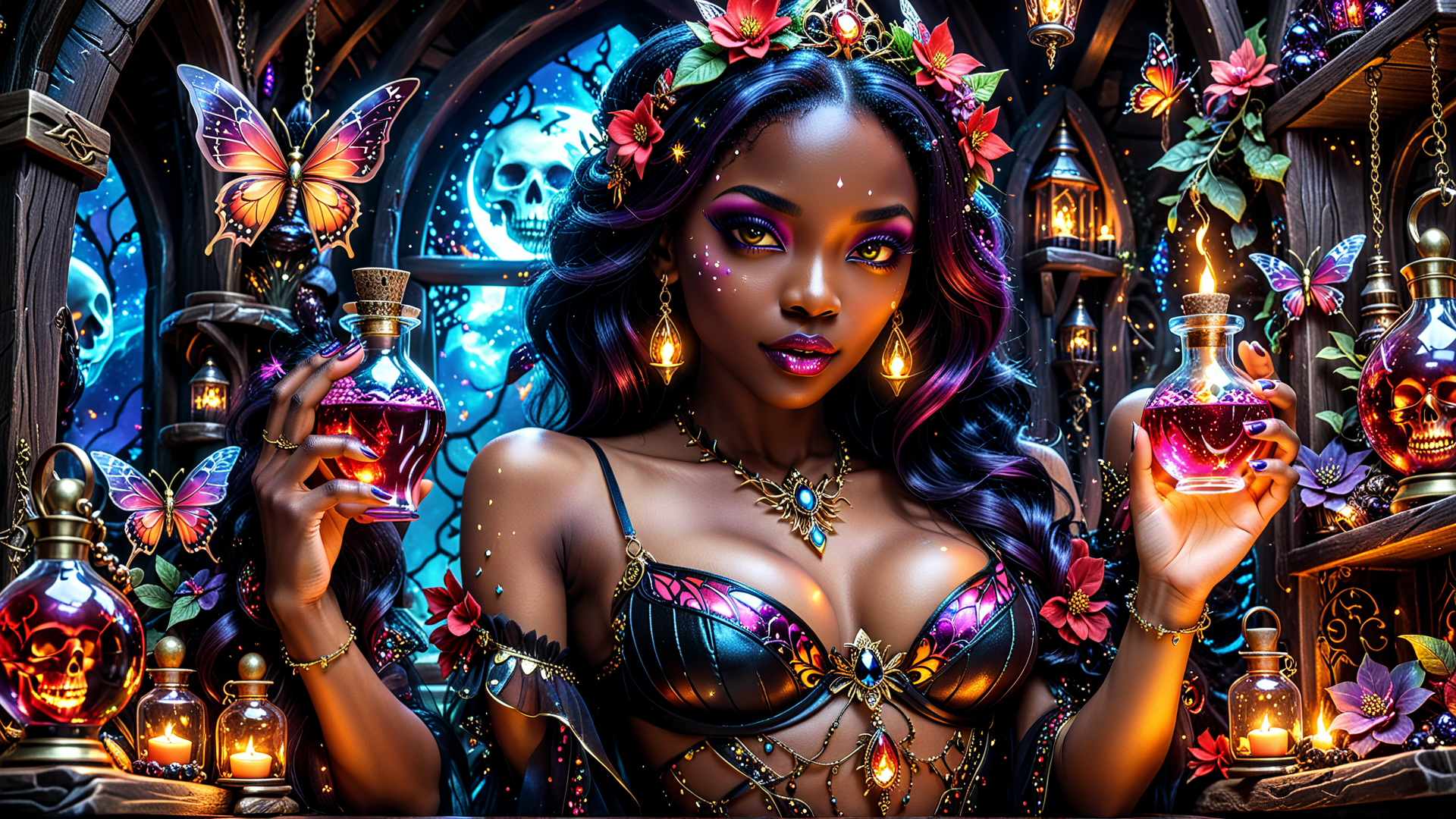 AI generated wallpaper featuring woman, bottles, butterflies, skull, flowers, lanterns, candles, jewelry