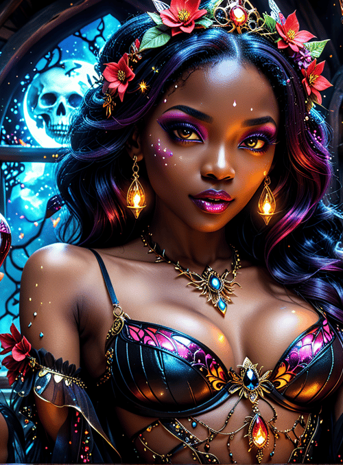 woman, bottles, butterflies, skull, flowers, lanterns, candles, jewelry