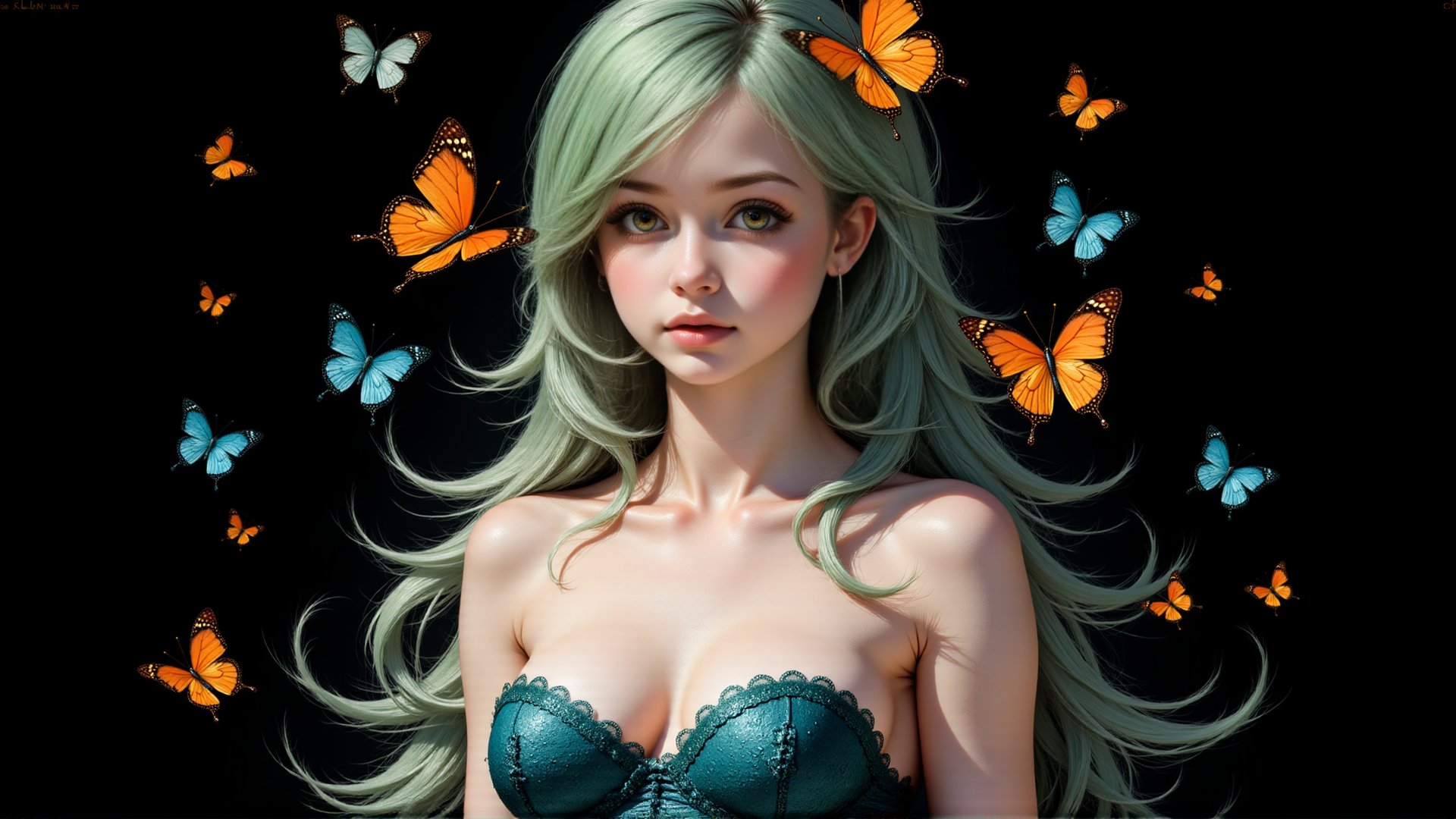 AI generated wallpaper featuring woman, butterflies, hair