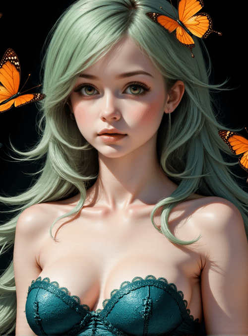 woman, butterflies, hair