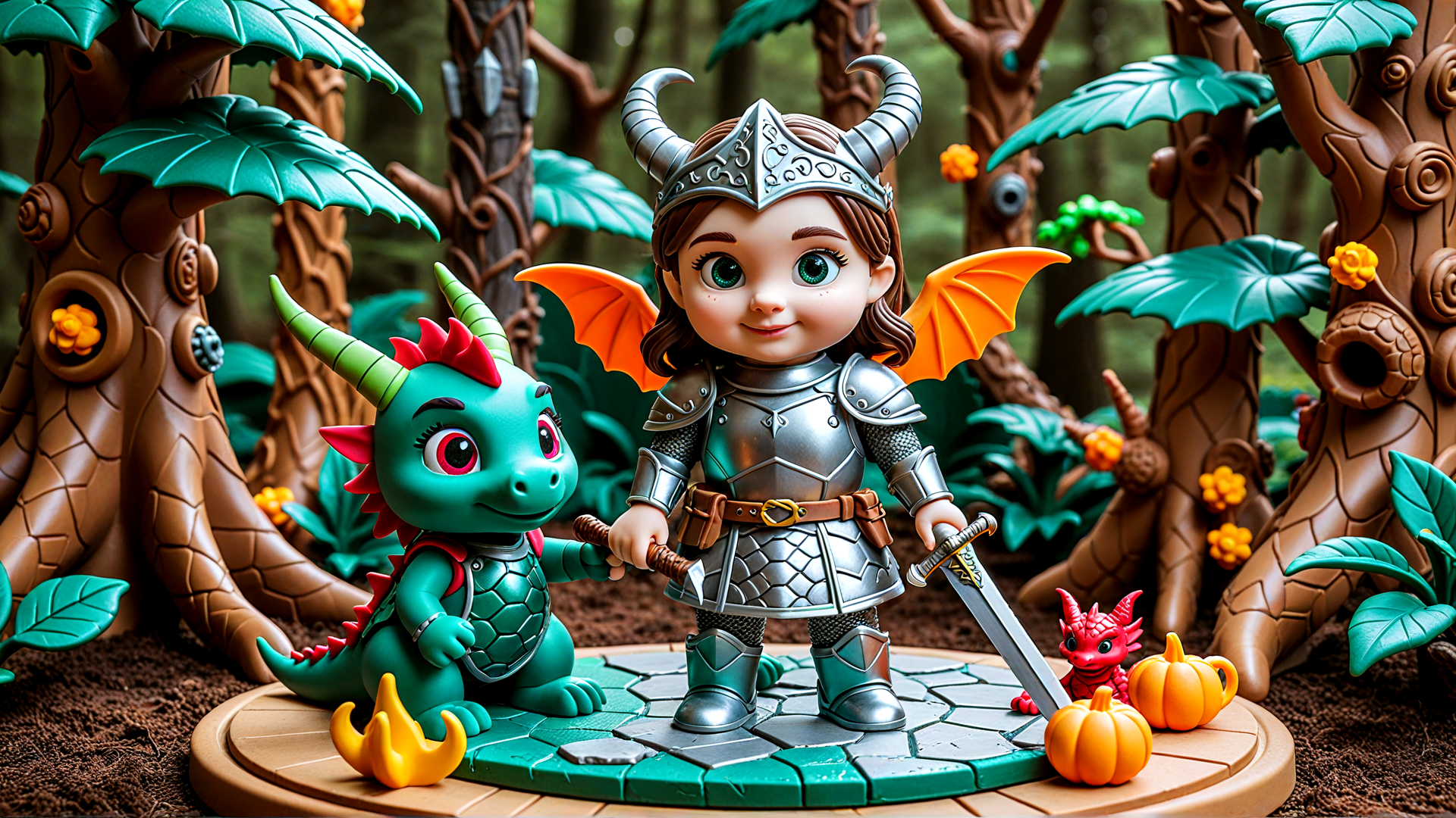 AI generated wallpaper featuring girl, dragon, armor, sword, pumpkin, tree, forest