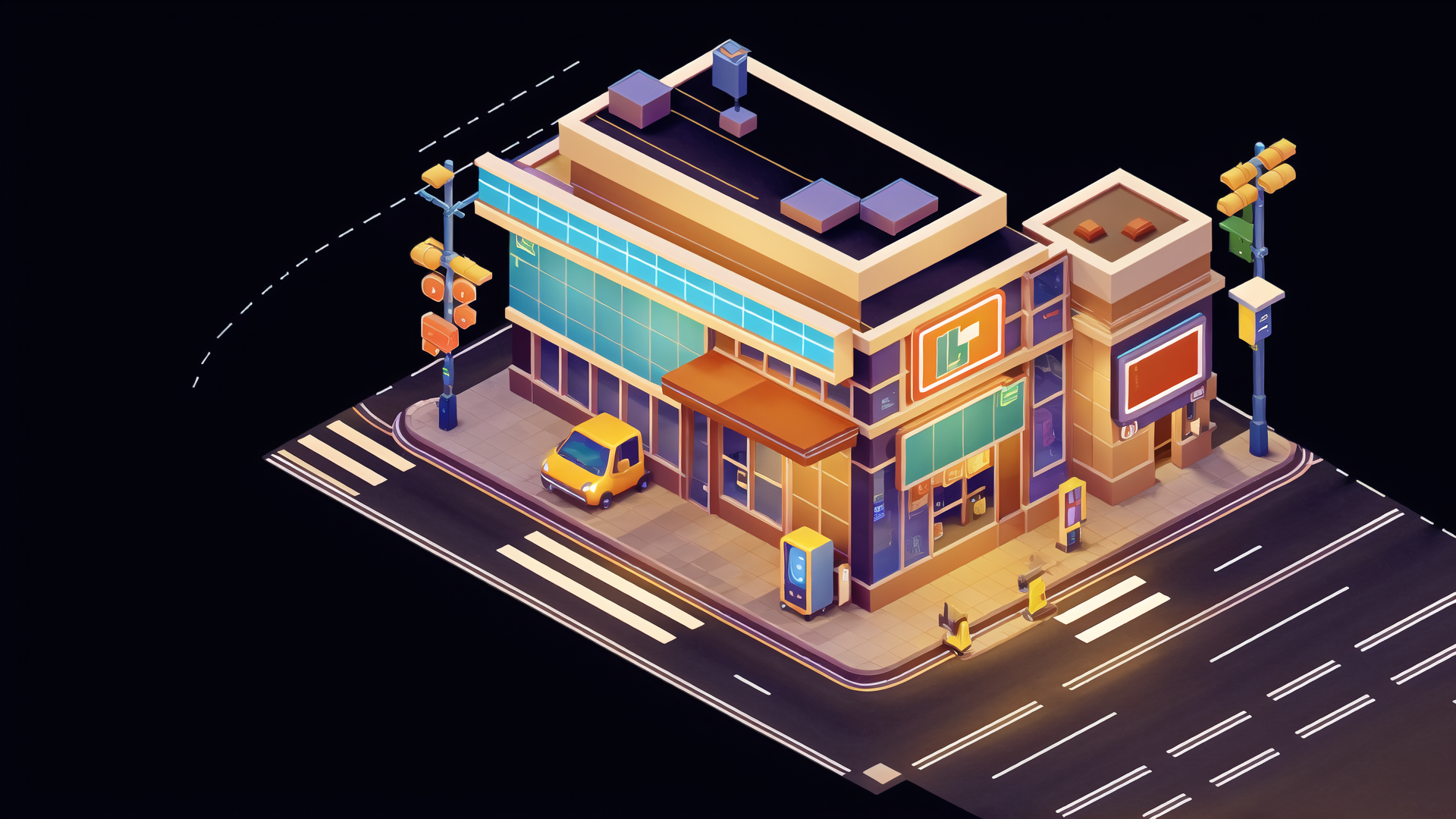 AI generated wallpaper featuring building, street, van, traffic light, sign, road, sidewalk, advertising board, bicycle rack, mailbox
