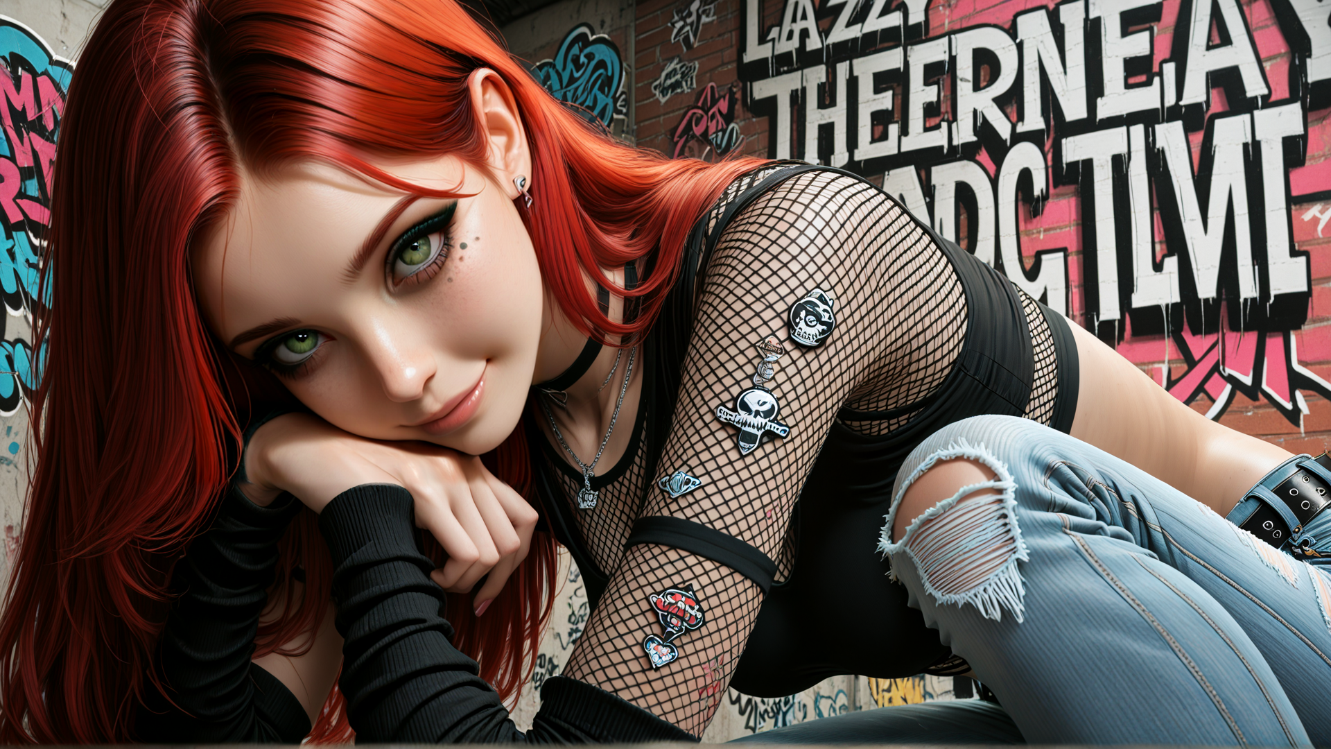 AI generated wallpaper featuring woman, graffiti, punk, red hair, jeans, net top